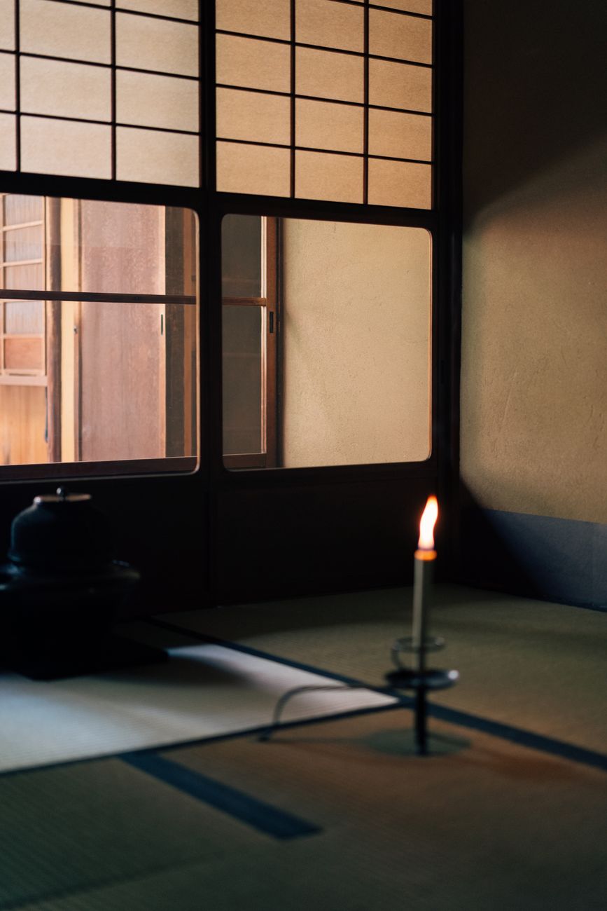 Quiet tea ceremony table in traditional setting