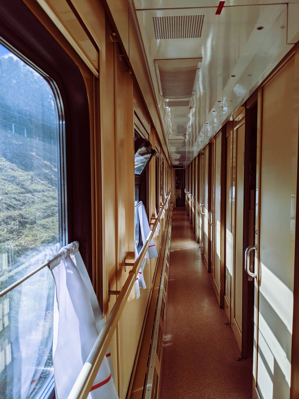Luxury train carriage interior overlooking scenic scenery